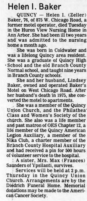 Baker Motel - Sep 8 1982 Former Owner Passes Away